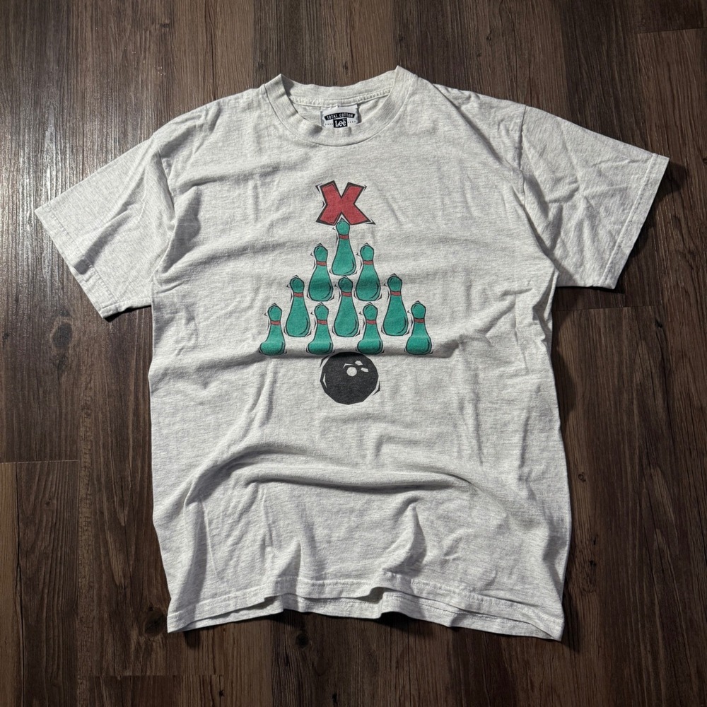 Vintage Lee Total Cotton Bowling Christmas T-Shirt Mens Large Grey Made in USA
